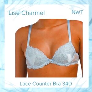 34D Lise Charmel Contour Underwire Bra Satin & Lace Azure Blue Lingerie …